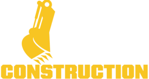 VEK Construction logo featuring an excavator bucket icon with bold yellow construction text