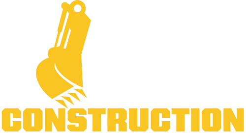 VEK Construction logo featuring an excavator bucket icon with bold yellow construction text