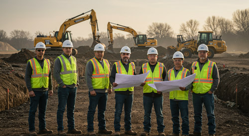 VEK Construction crew in safety vests and hard hats reviewing blueprints on an active excavation and grading site with heavy equipment in the background