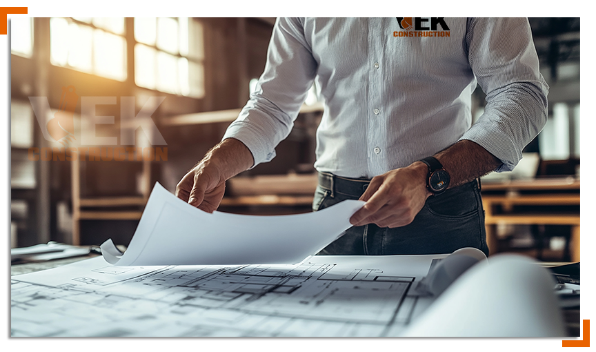 Project manager reviewing blueprints at a Sacramento construction site — VEK Construction civil contractor, expert craftsmanship, on-time and on-budget projects